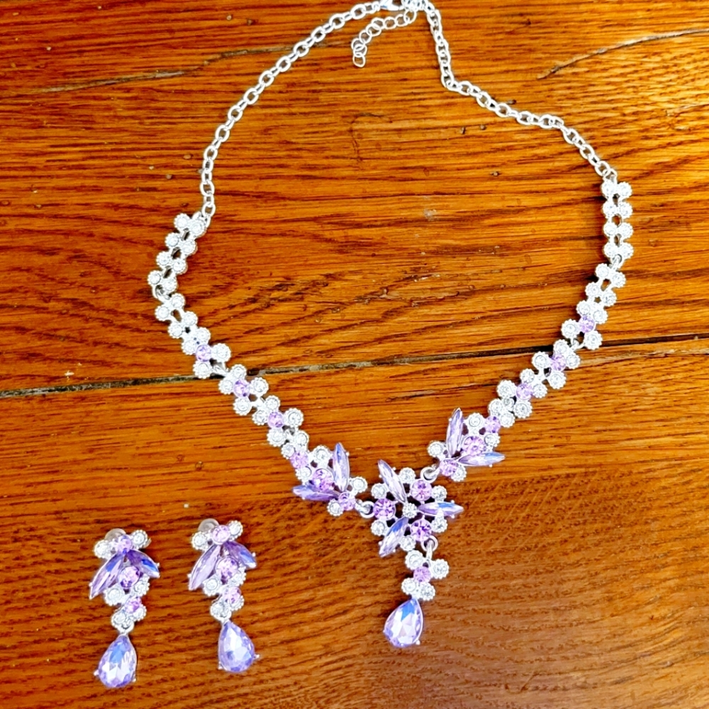 3pc Set Silver Purple Crystal Necklace Earrings Statement Formal Gorgeous
